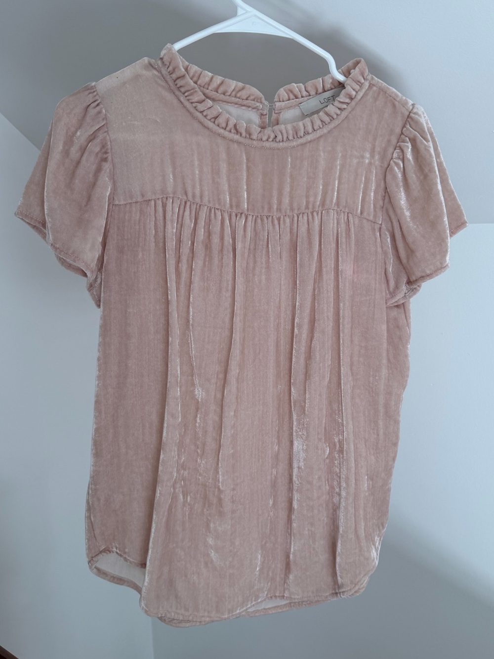 LOFT Petites Blush Pink Velvet Ruffle-Yoke Short Sleeve Top size S